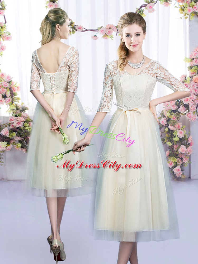 Beauteous Champagne Tulle Lace Up Bridesmaid Gown Half Sleeves Tea Length Lace and Bowknot