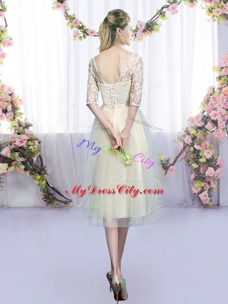 Beauteous Champagne Tulle Lace Up Bridesmaid Gown Half Sleeves Tea Length Lace and Bowknot