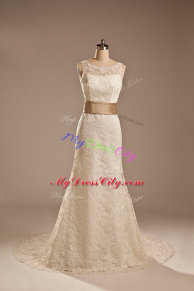 Customized White Sleeveless Lace and Belt Backless Wedding Dresses