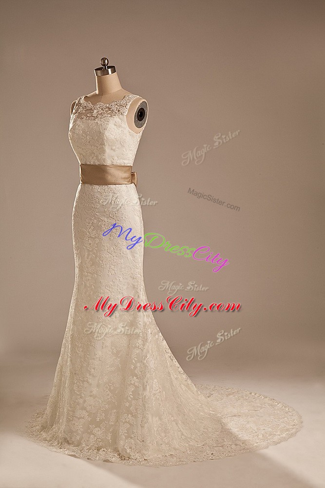 Customized White Sleeveless Lace and Belt Backless Wedding Dresses