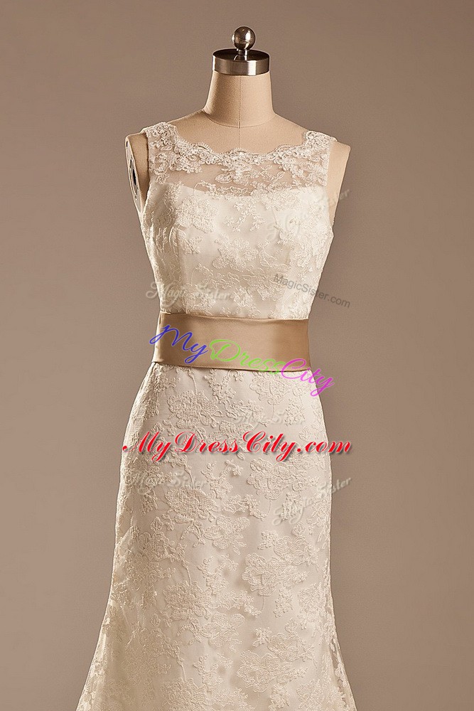 Customized White Sleeveless Lace and Belt Backless Wedding Dresses