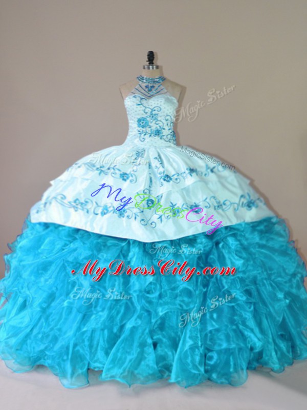 Court Train Ball Gowns Ball Gown Prom Dress Aqua Blue Halter Top Organza Sleeveless Lace Up