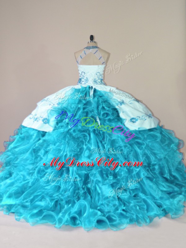 Court Train Ball Gowns Ball Gown Prom Dress Aqua Blue Halter Top Organza Sleeveless Lace Up