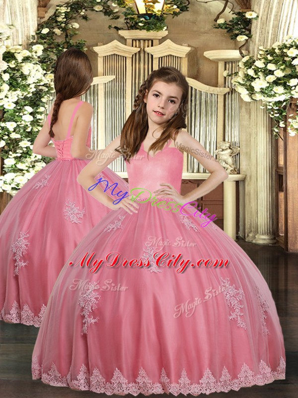 Adorable Appliques Pageant Gowns For Girls Watermelon Red Lace Up Sleeveless Floor Length