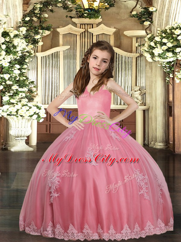 Adorable Appliques Pageant Gowns For Girls Watermelon Red Lace Up Sleeveless Floor Length