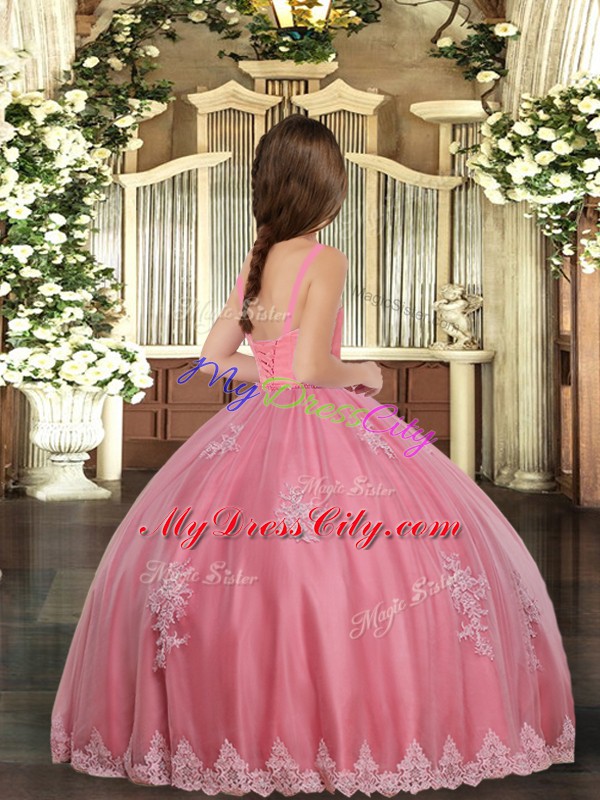 Adorable Appliques Pageant Gowns For Girls Watermelon Red Lace Up Sleeveless Floor Length