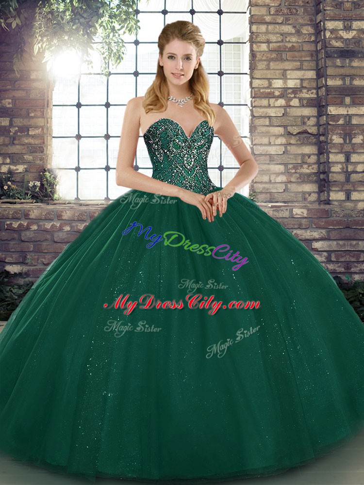 Luxury Peacock Green Ball Gowns Beading 15 Quinceanera Dress Lace Up Tulle Sleeveless Floor Length