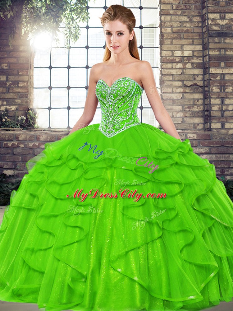 Tulle Lace Up Quinceanera Dress Sleeveless Floor Length Beading and Ruffles