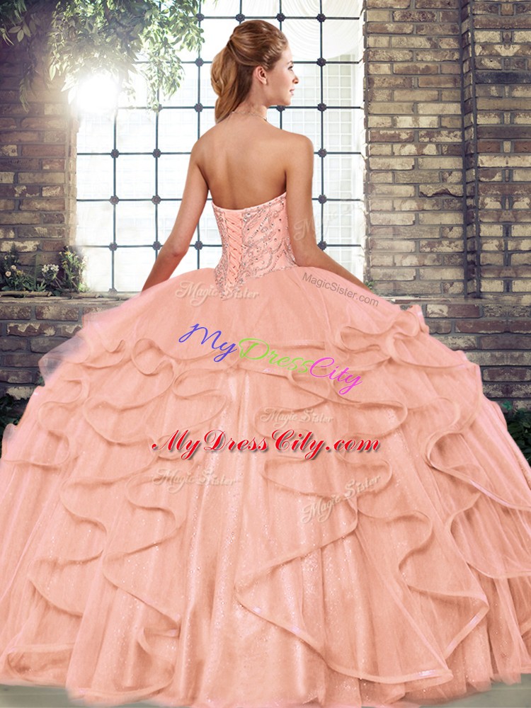 Tulle Lace Up Quinceanera Dress Sleeveless Floor Length Beading and Ruffles