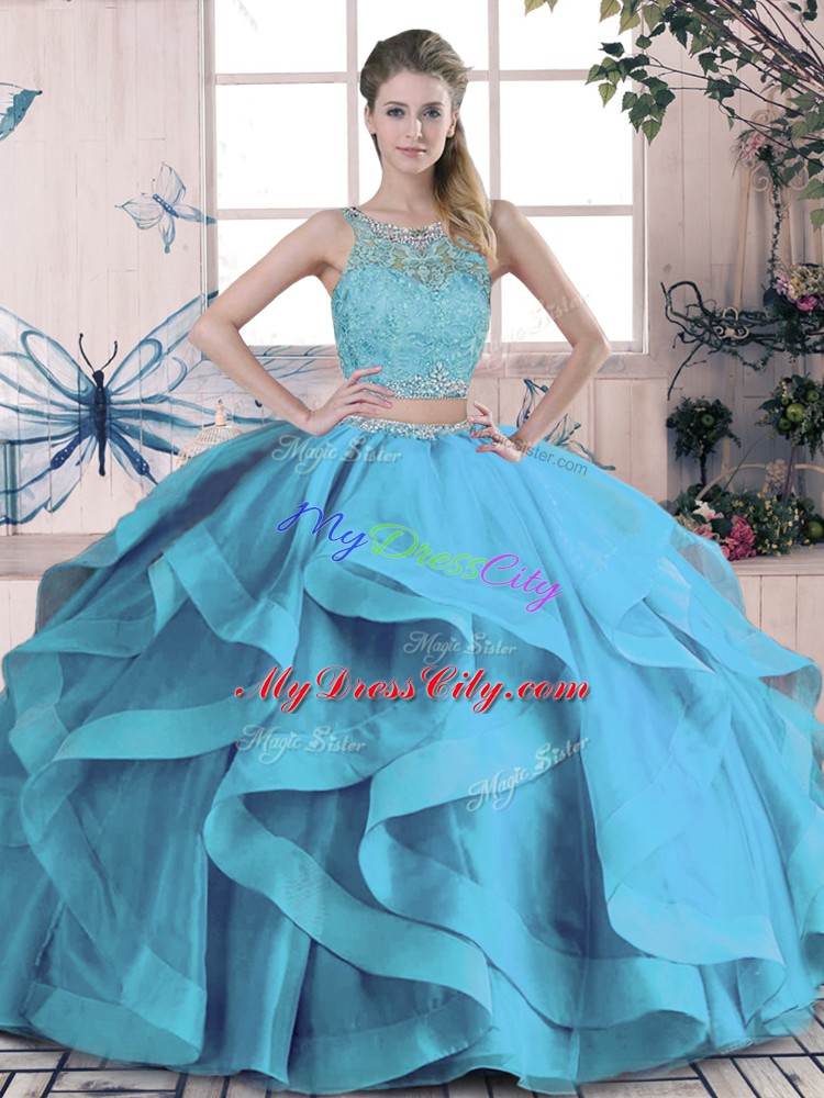 Traditional Scoop Sleeveless Tulle Vestidos de Quinceanera Beading and Ruffles Lace Up