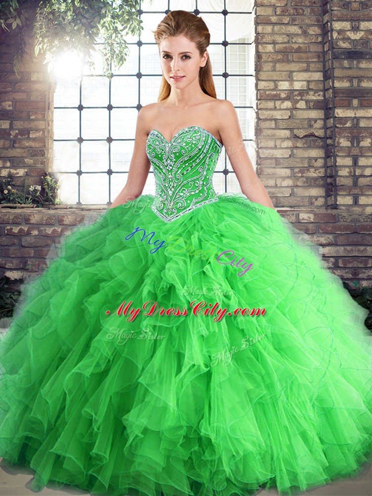 Green Sleeveless Floor Length Beading and Ruffles Lace Up Quinceanera Gowns