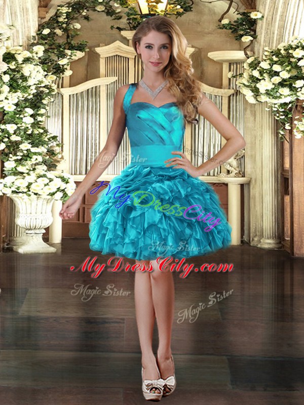 Pretty Sleeveless Organza Mini Length Lace Up in Turquoise with Ruffles