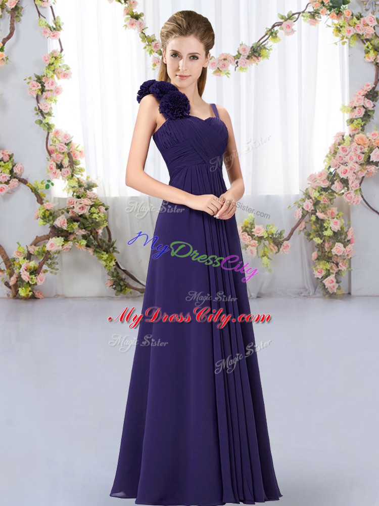 Simple Purple Chiffon Lace Up Bridesmaids Dress Sleeveless Floor Length Hand Made Flower