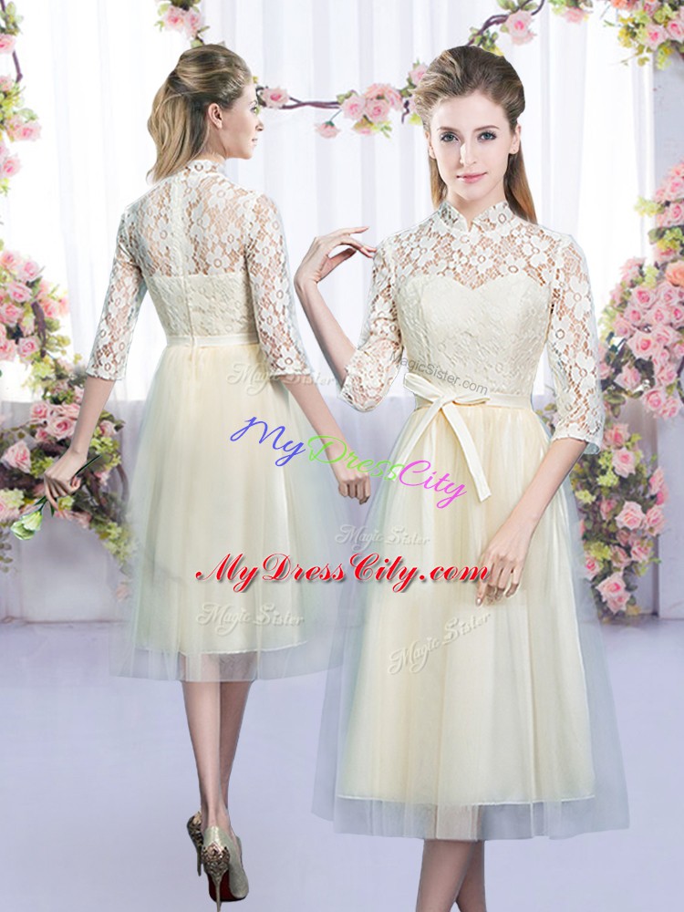 Lace and Bowknot Bridesmaid Dresses Champagne Zipper Half Sleeves Tea Length