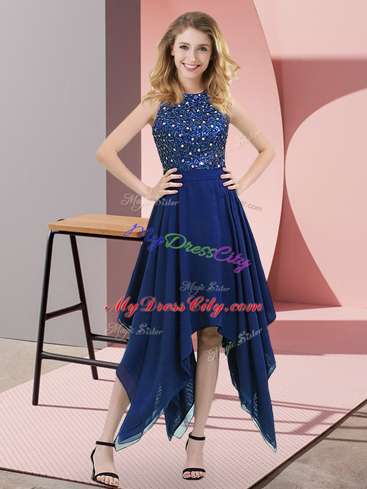 Designer Sleeveless Asymmetrical Beading and Sequins Zipper Evening Gowns with Royal Blue