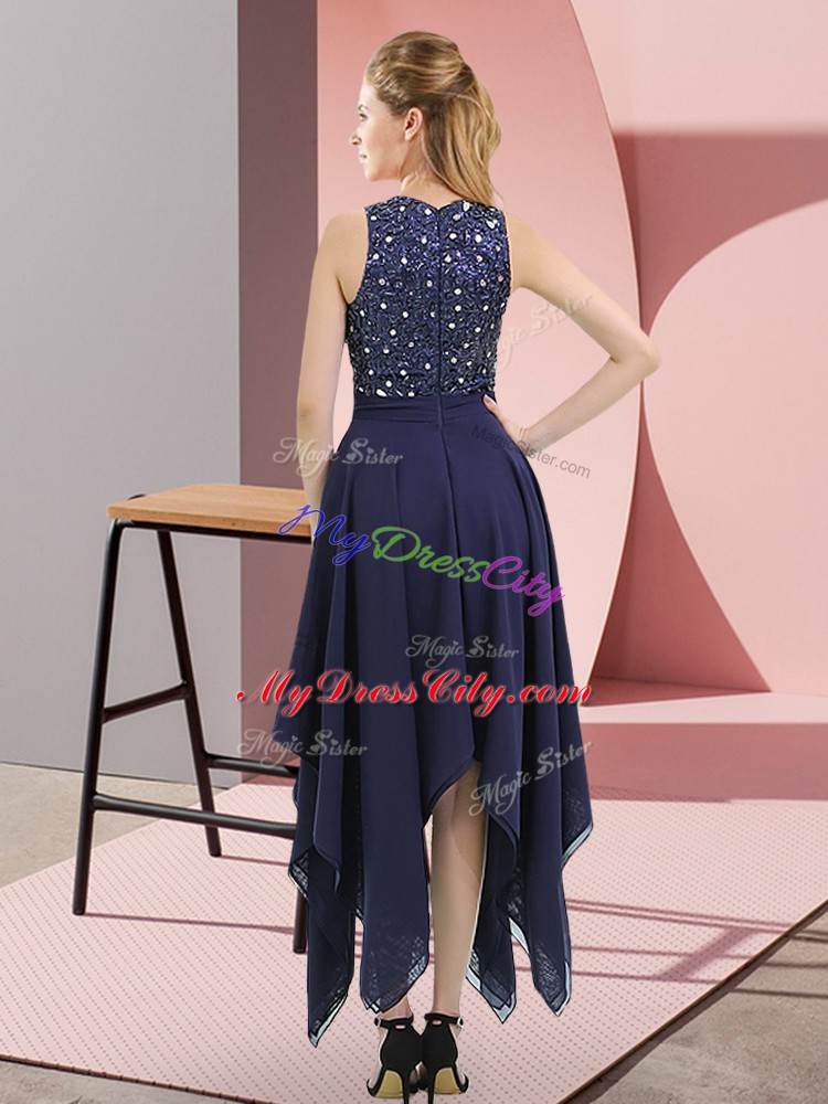 Designer Sleeveless Asymmetrical Beading and Sequins Zipper Evening Gowns with Royal Blue