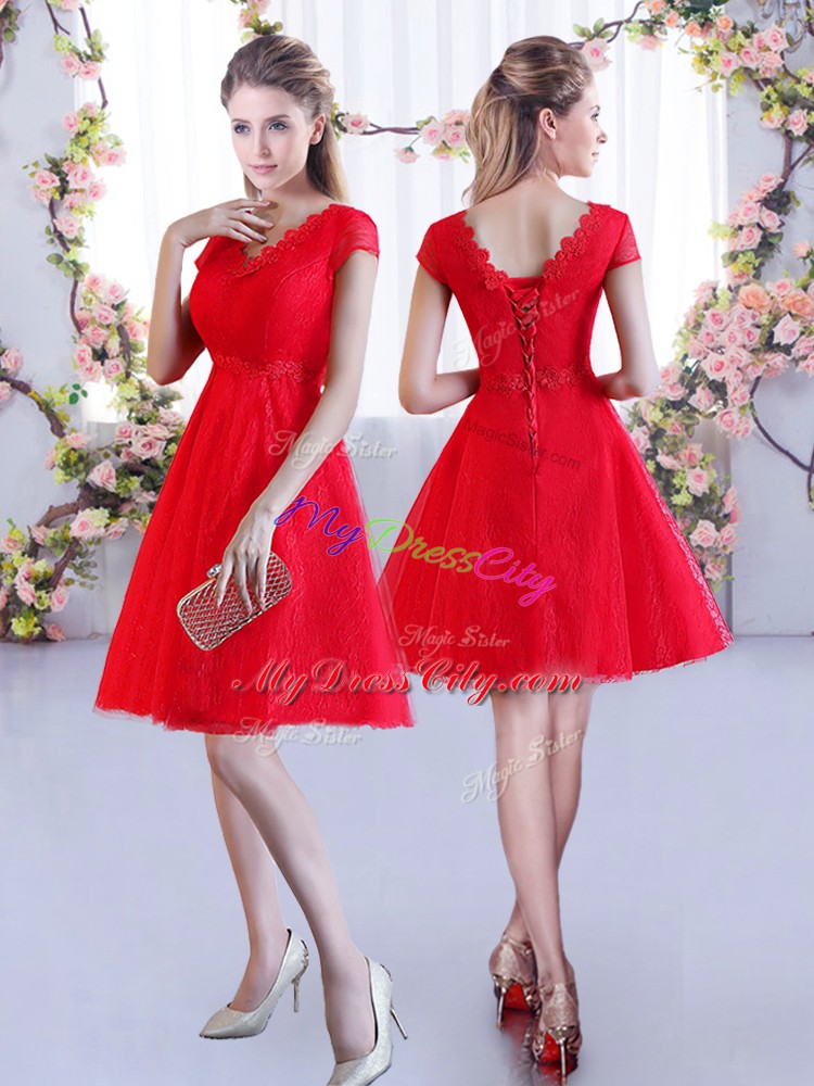 Flirting Mini Length A-line Cap Sleeves Red Bridesmaids Dress Lace Up