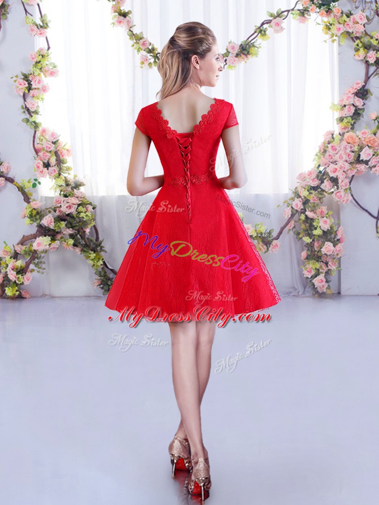 Flirting Mini Length A-line Cap Sleeves Red Bridesmaids Dress Lace Up