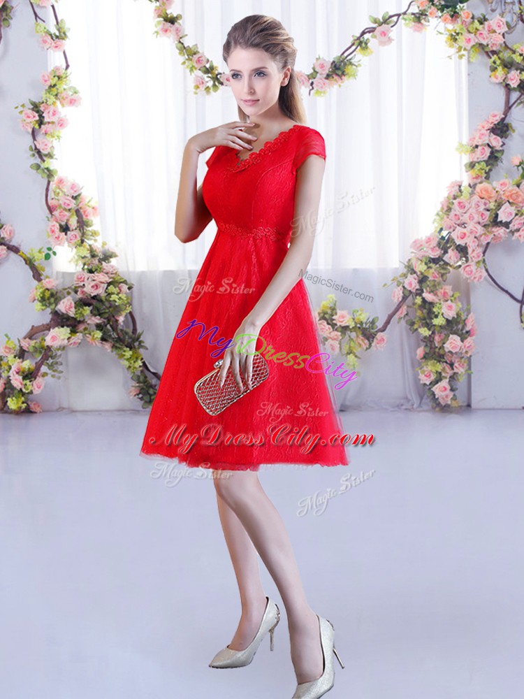 Flirting Mini Length A-line Cap Sleeves Red Bridesmaids Dress Lace Up