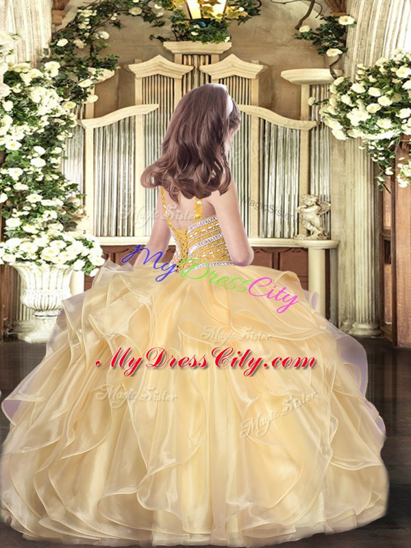 Latest Gold Organza Lace Up Evening Gowns Sleeveless Floor Length Beading and Ruffles