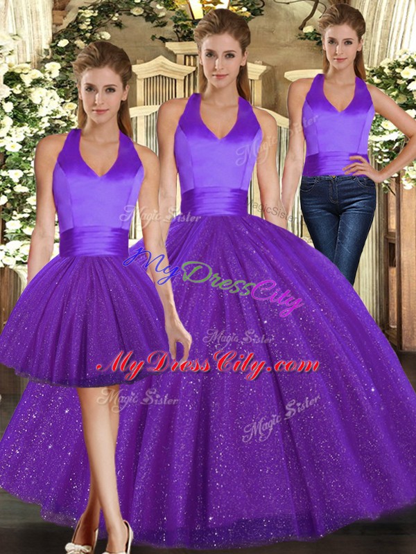 High Quality Halter Top Sleeveless Lace Up Quinceanera Gown Purple Sequined