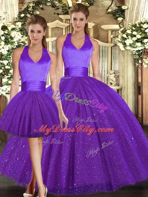 High Quality Halter Top Sleeveless Lace Up Quinceanera Gown Purple Sequined