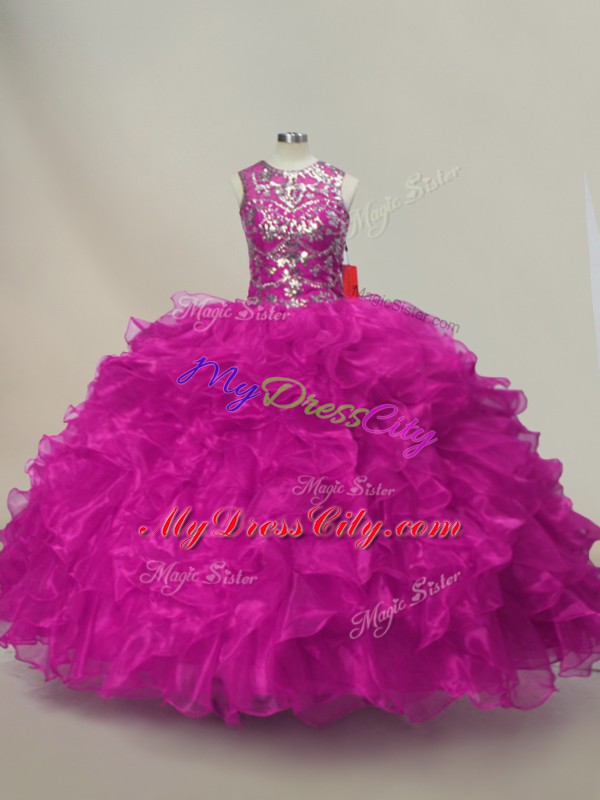 Customized Fuchsia Sleeveless Ruffles and Sequins Floor Length Sweet 16 Dress