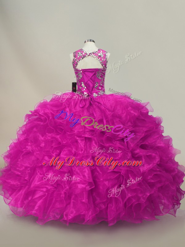 Customized Fuchsia Sleeveless Ruffles and Sequins Floor Length Sweet 16 Dress