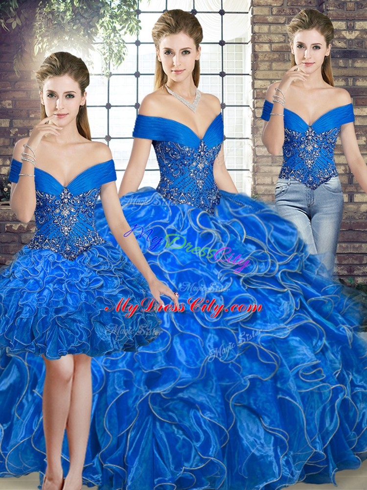 Clearance Off The Shoulder Sleeveless Organza Quinceanera Gown Beading and Ruffles Lace Up