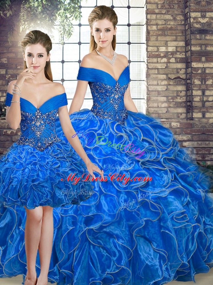 Clearance Off The Shoulder Sleeveless Organza Quinceanera Gown Beading and Ruffles Lace Up