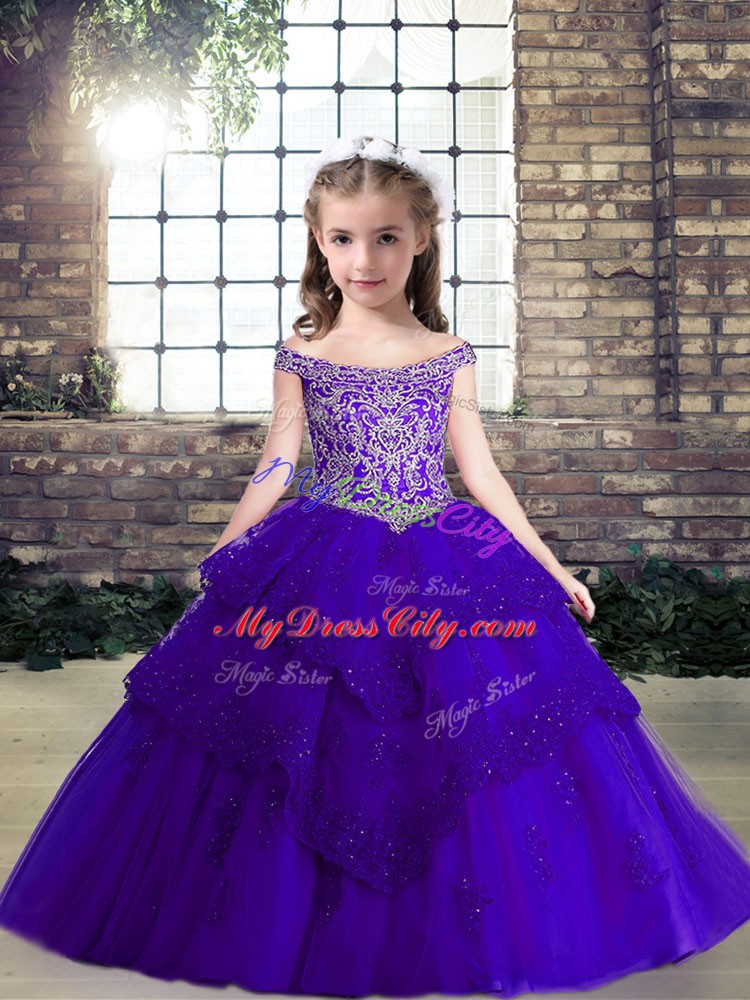 Off The Shoulder Sleeveless Pageant Dress Floor Length Beading and Lace and Appliques Purple Tulle