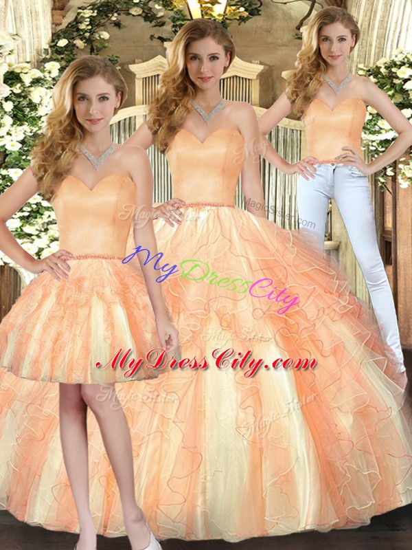 Orange Sleeveless Organza Lace Up Sweet 16 Dresses for Military Ball and Sweet 16 and Quinceanera