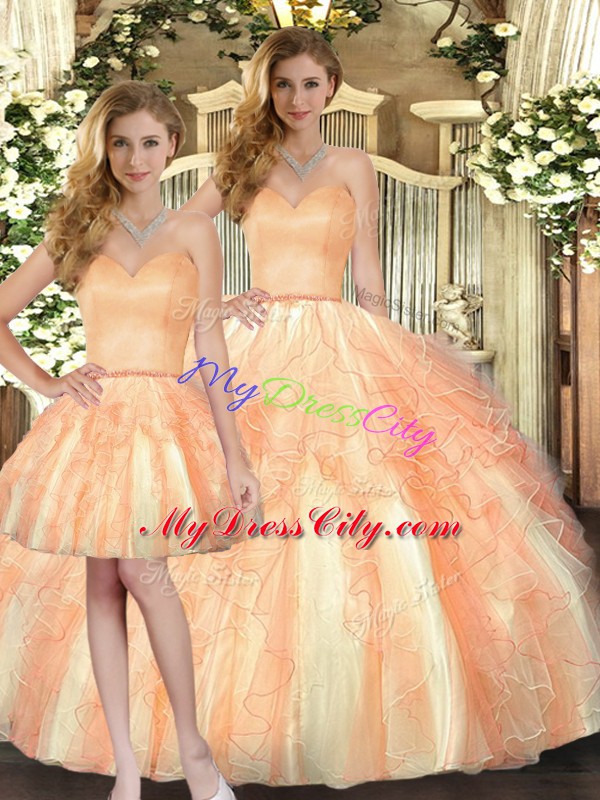 Orange Sleeveless Organza Lace Up Sweet 16 Dresses for Military Ball and Sweet 16 and Quinceanera