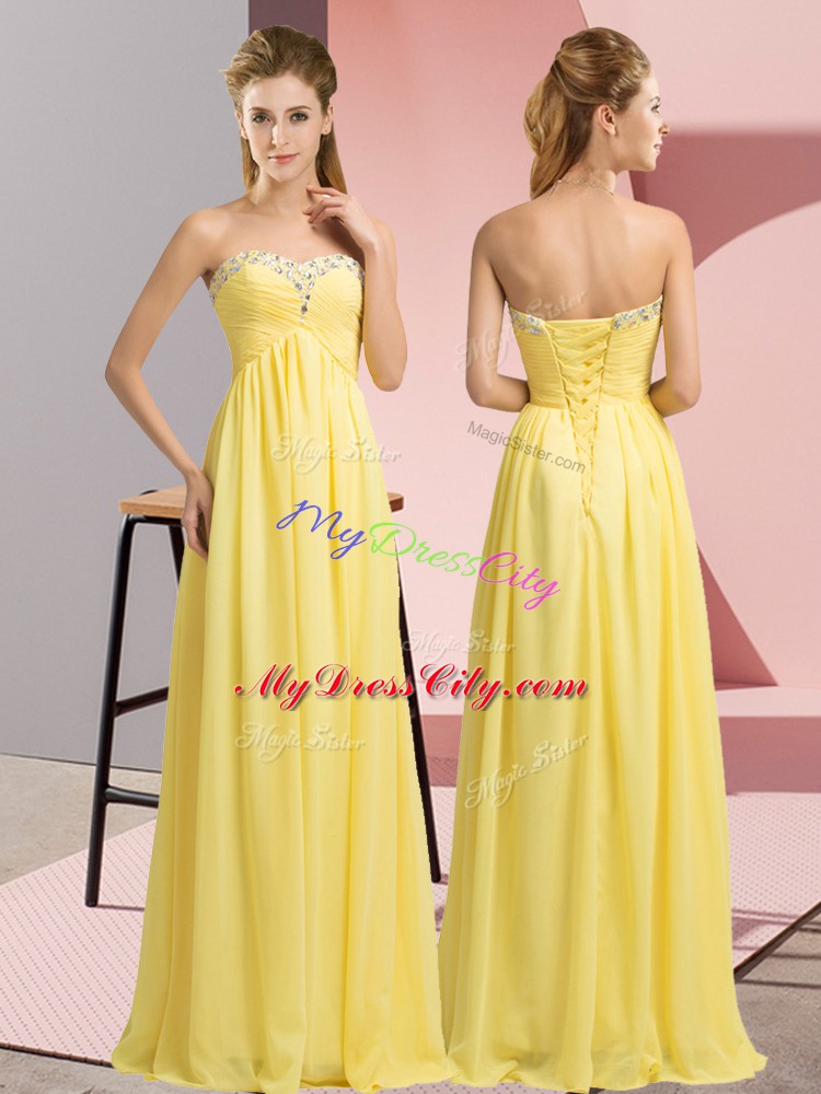 Sumptuous Yellow Lace Up Evening Dress Beading Sleeveless Floor Length