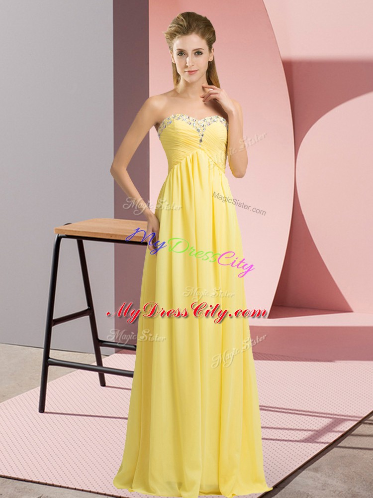 Sumptuous Yellow Lace Up Evening Dress Beading Sleeveless Floor Length