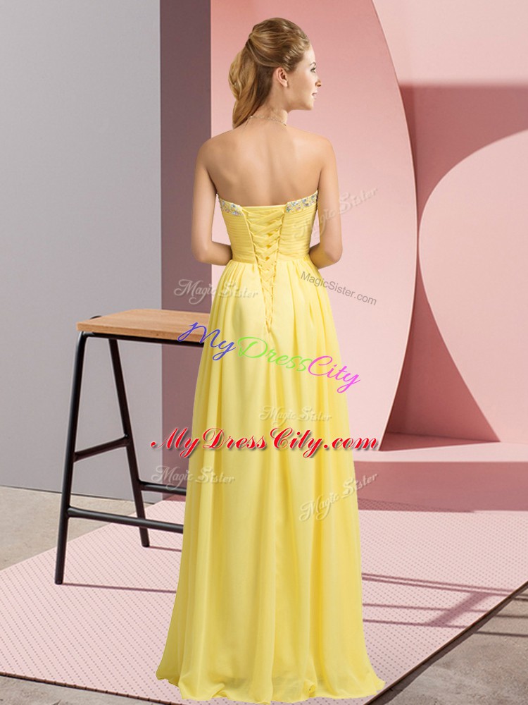 Sumptuous Yellow Lace Up Evening Dress Beading Sleeveless Floor Length