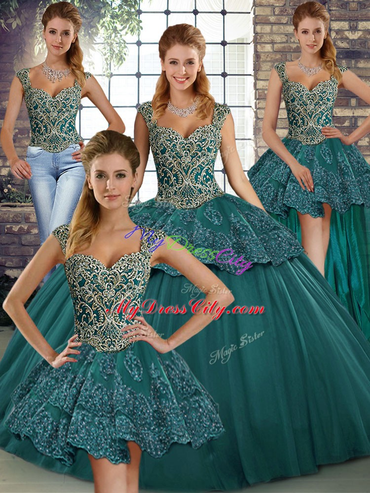 Trendy Green Ball Gowns Tulle Straps Sleeveless Beading and Appliques Floor Length Lace Up Quinceanera Dress