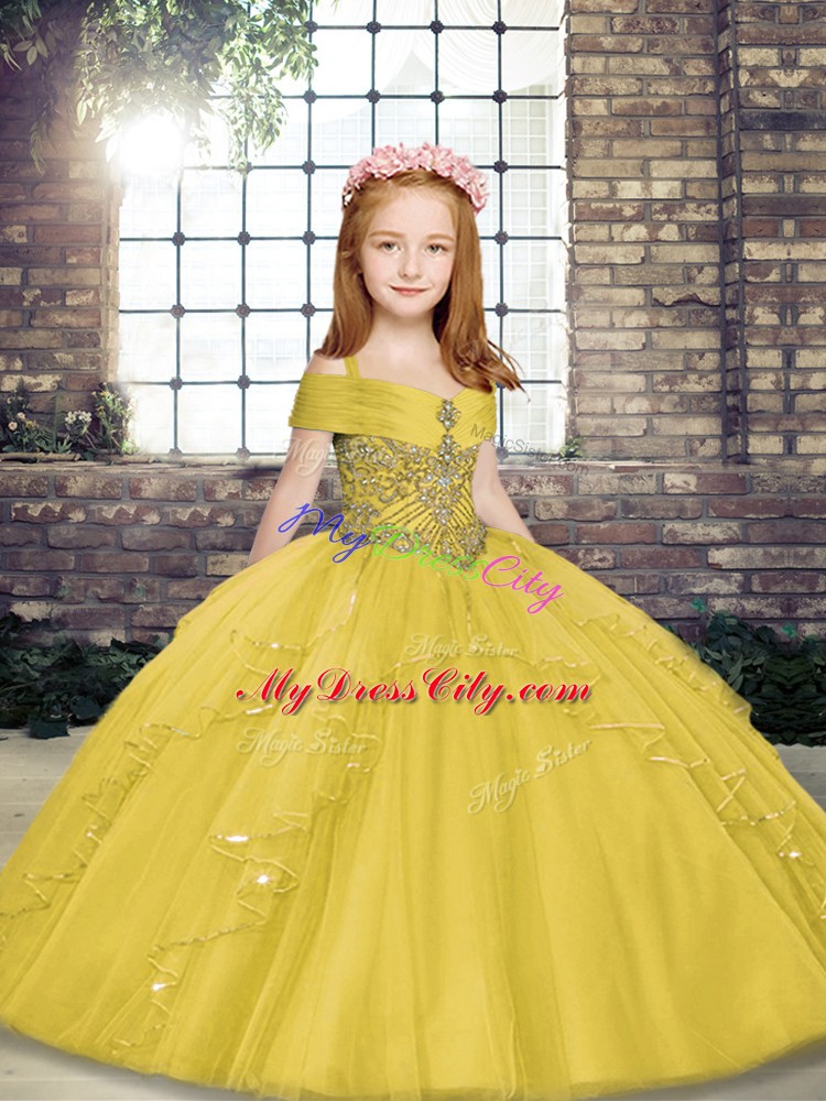 Yellow Sleeveless Tulle Lace Up Child Pageant Dress for Party and Sweet 16 and Wedding Party