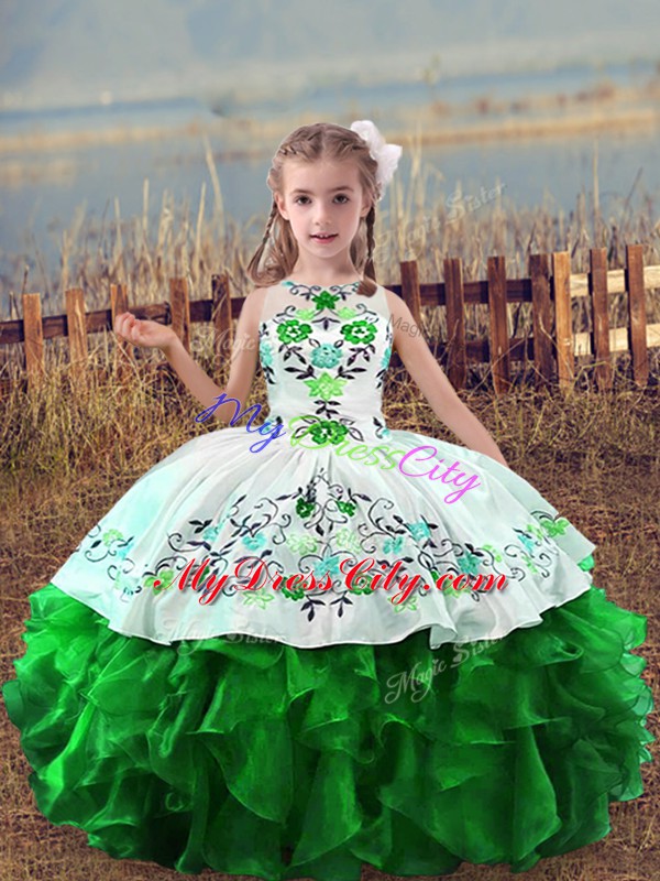 Enchanting Scoop Sleeveless Pageant Dress for Teens Floor Length Embroidery and Ruffles Green Organza