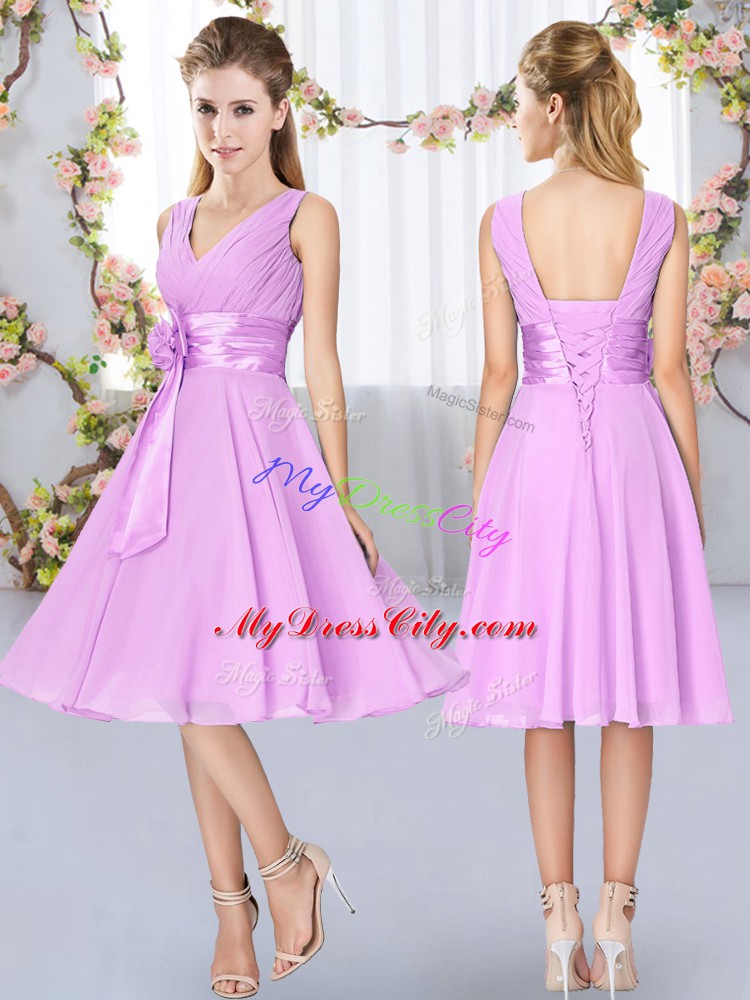 Lilac Lace Up V-neck Hand Made Flower Wedding Guest Dresses Chiffon Sleeveless