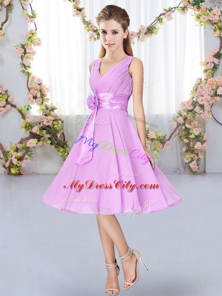 Lilac Lace Up V-neck Hand Made Flower Wedding Guest Dresses Chiffon Sleeveless