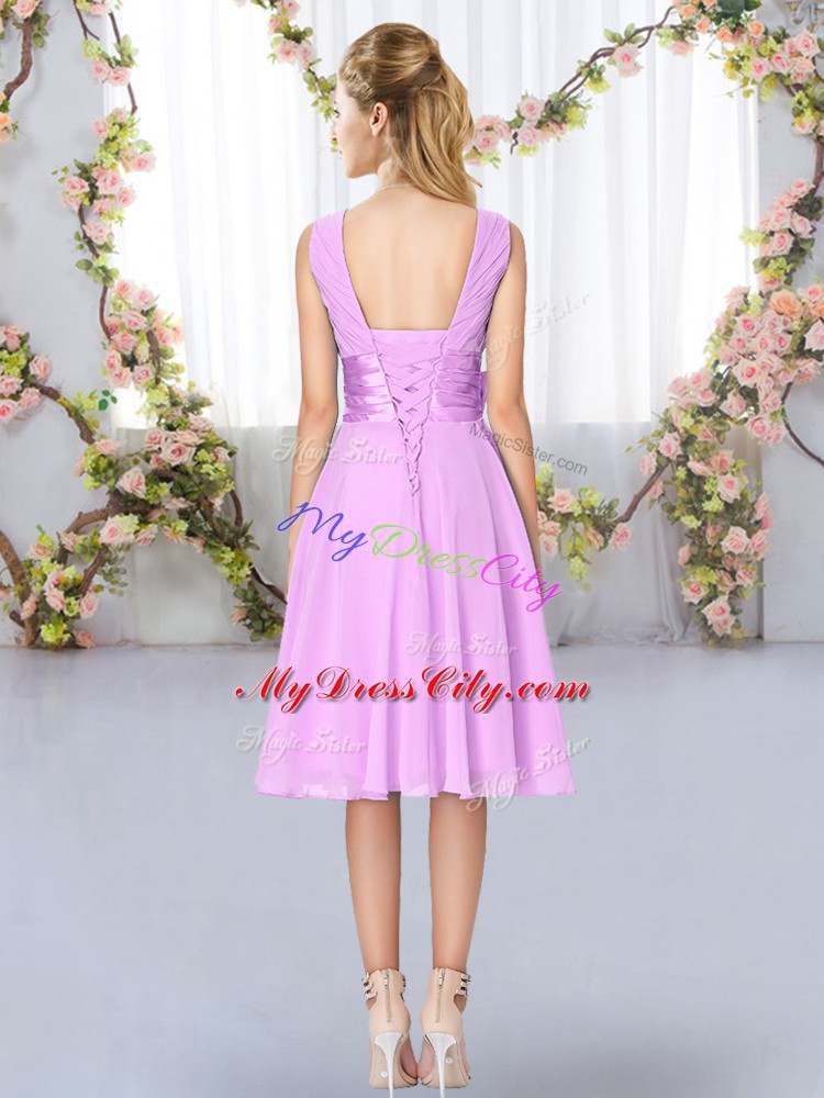 Lilac Lace Up V-neck Hand Made Flower Wedding Guest Dresses Chiffon Sleeveless