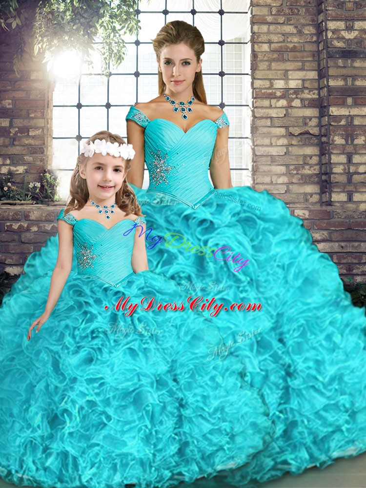 Aqua Blue Sleeveless Floor Length Beading and Ruffles Lace Up Quinceanera Gown