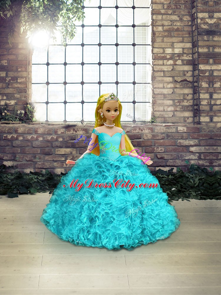 Aqua Blue Sleeveless Floor Length Beading and Ruffles Lace Up Quinceanera Gown