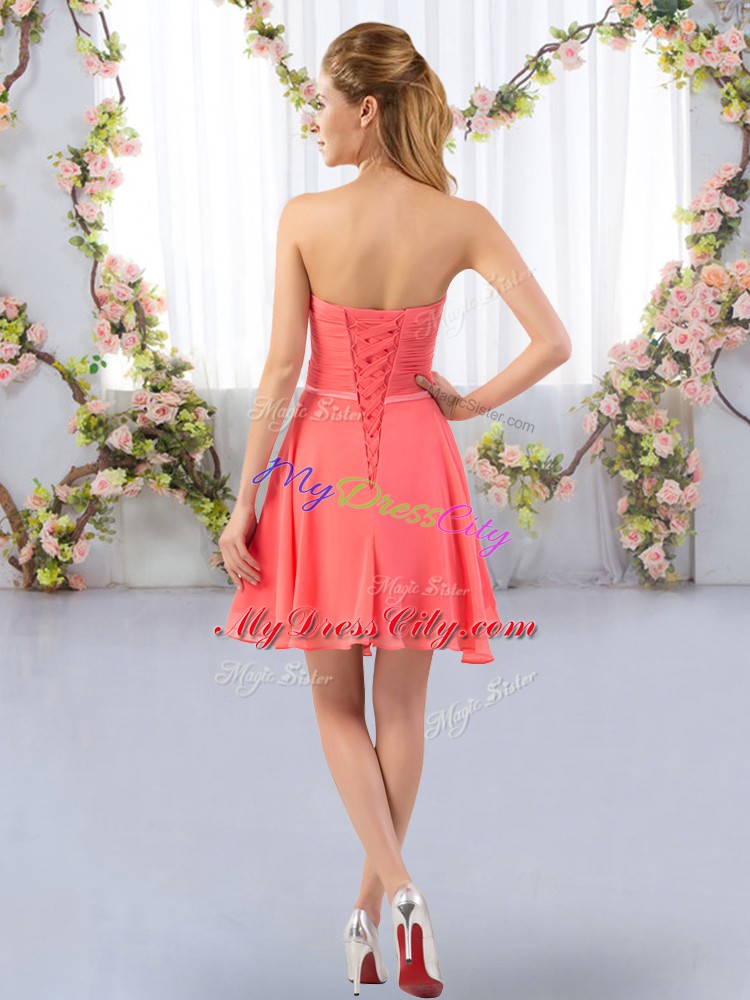 Admirable Gold Chiffon Lace Up Wedding Guest Dresses Sleeveless Mini Length Ruching