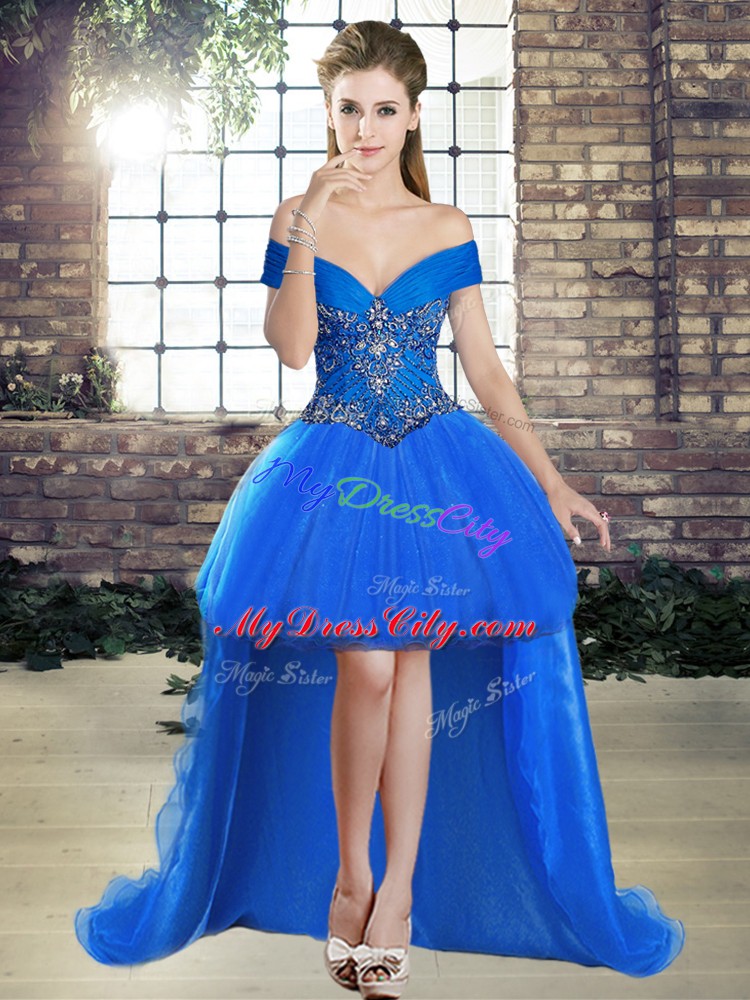 Best Selling Blue Off The Shoulder Neckline Beading Dress for Prom Sleeveless Lace Up