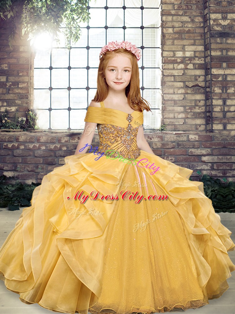 Low Price Gold Sleeveless Beading and Ruffles Floor Length Little Girl Pageant Dress