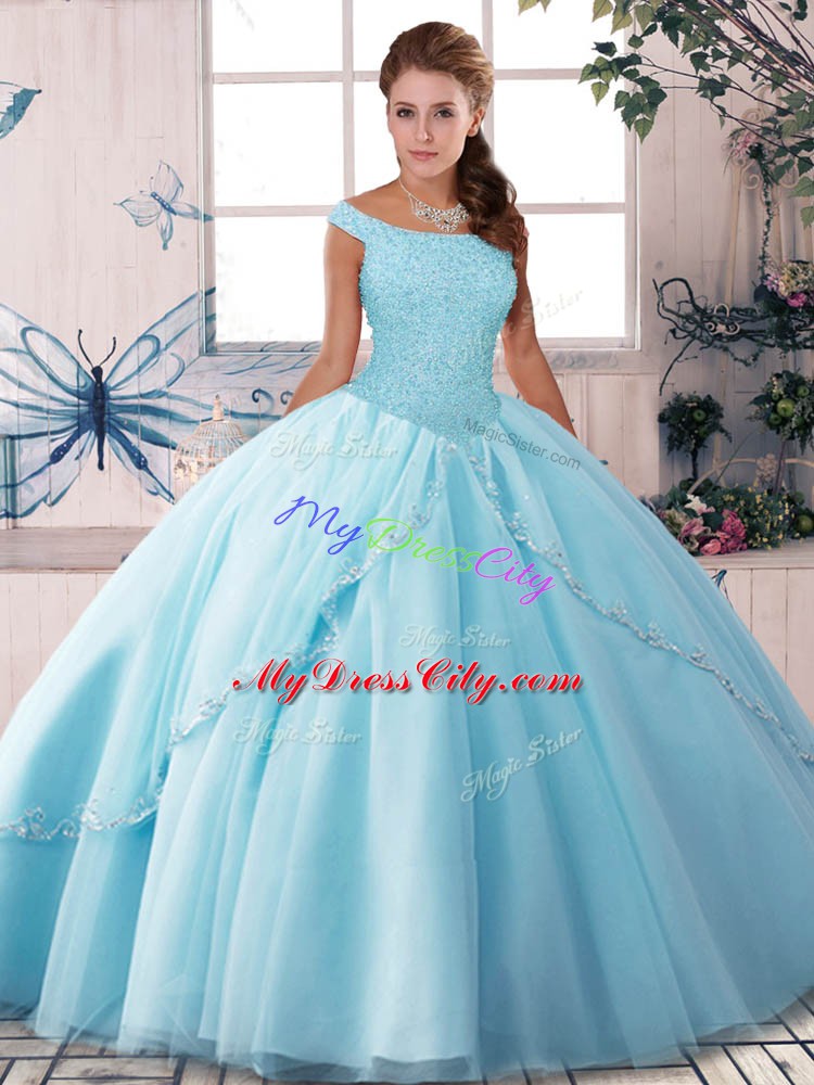 Hot Selling Light Blue Off The Shoulder Lace Up Beading Quinceanera Dress Brush Train Sleeveless