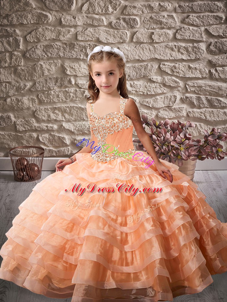 Fancy Ball Gowns Sleeveless Orange Pageant Dress Womens Brush Train Lace Up