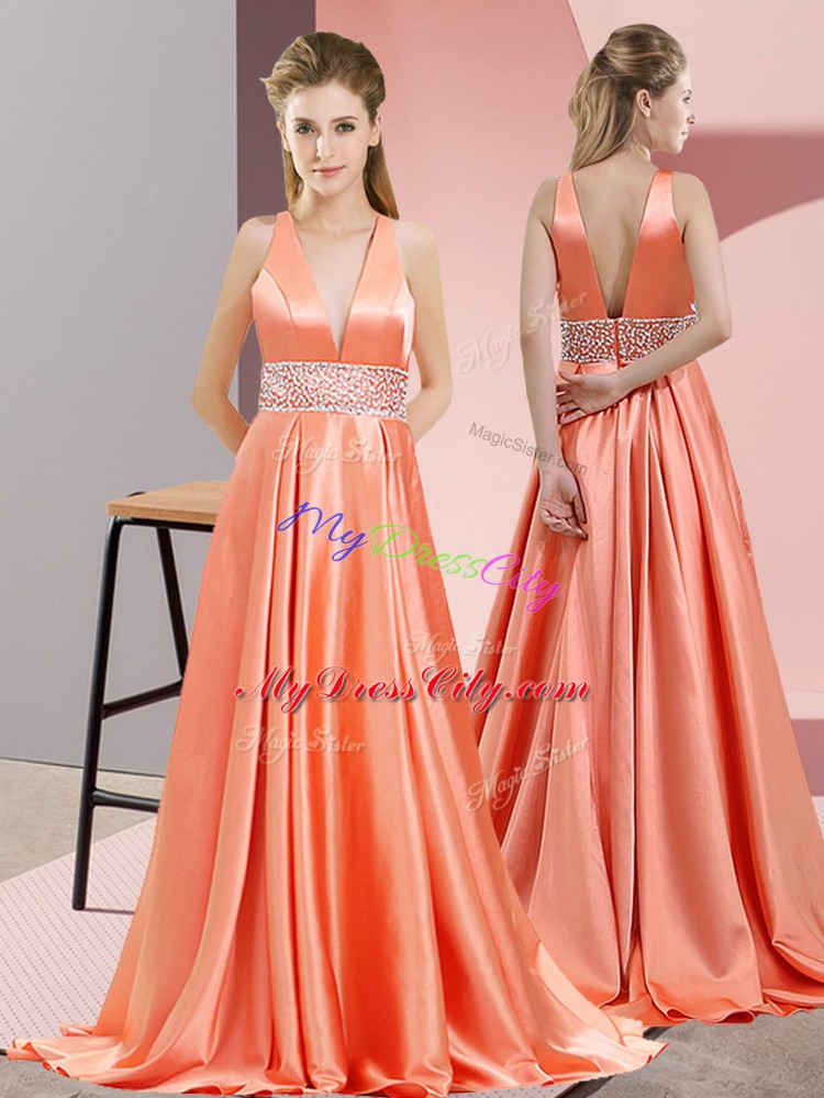 V-neck Sleeveless Elastic Woven Satin Evening Dress Beading Brush Train Backless